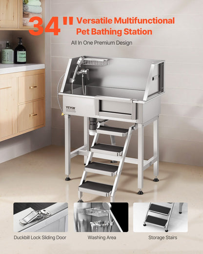 34" Dog Washing Station, Stainless Steel Pet Grooming Tub Bathtub, Professional Dog Wash Sink with Shower, Faucet, Soap Holder, Non-Slip Stairs Easy-Clean Design for Small Pets Cats (Right Door)