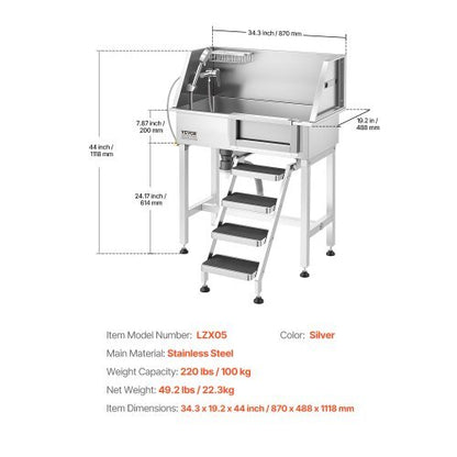 34" Dog Washing Station, Stainless Steel Pet Grooming Tub Bathtub, Professional Dog Wash Sink with Shower, Faucet, Soap Holder, Non-Slip Stairs Easy-Clean Design for Small Pets Cats (Right Door)