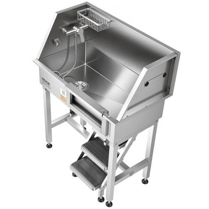 34" Dog Washing Station, Stainless Steel Pet Grooming Tub Bathtub, Professional Dog Wash Sink with Shower, Faucet, Soap Holder, Non-Slip Stairs Easy-Clean Design for Small Pets Cats (Right Door)