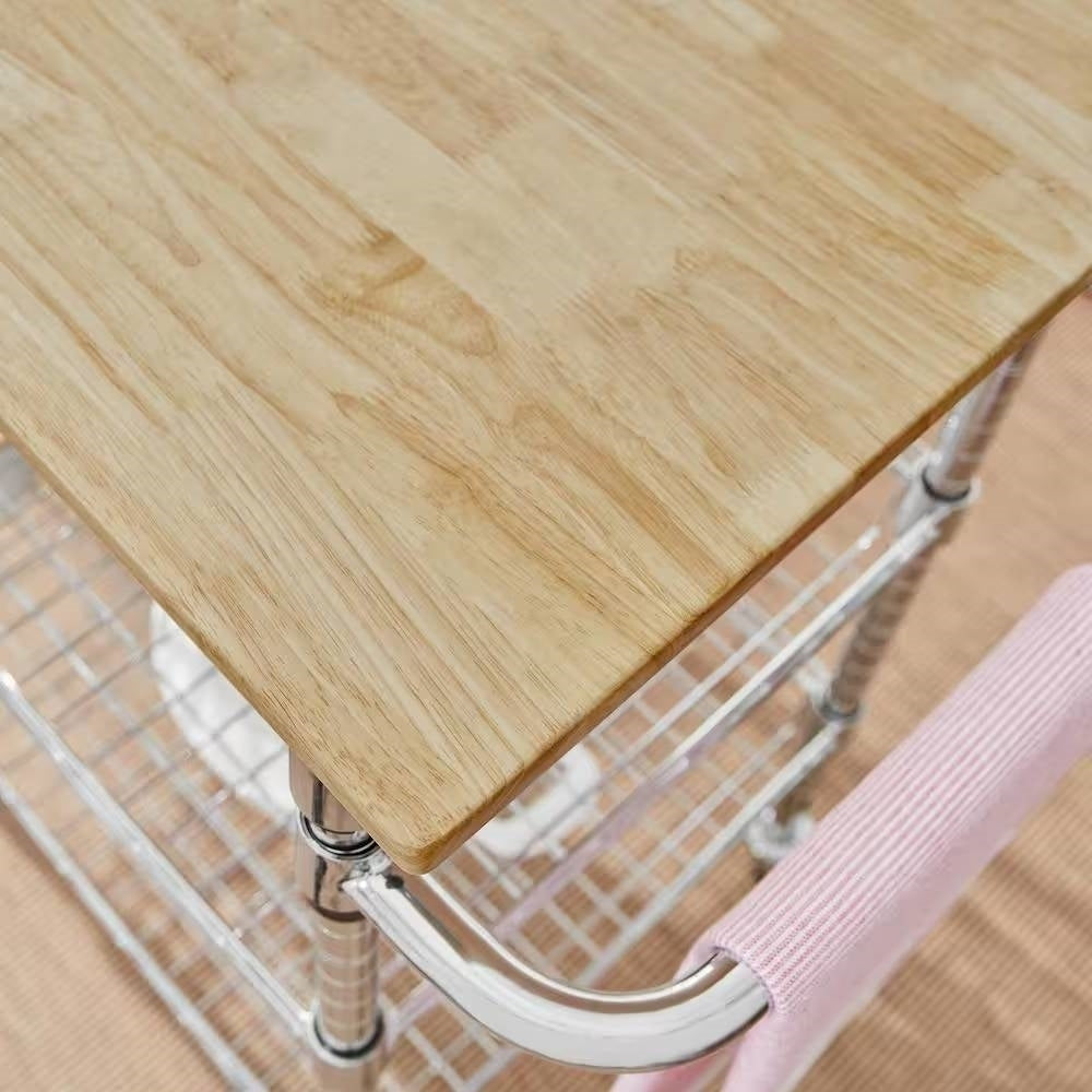 Kitchen Island Cart with Wood Top and 2 Bottom Storage Shelves on Wheels