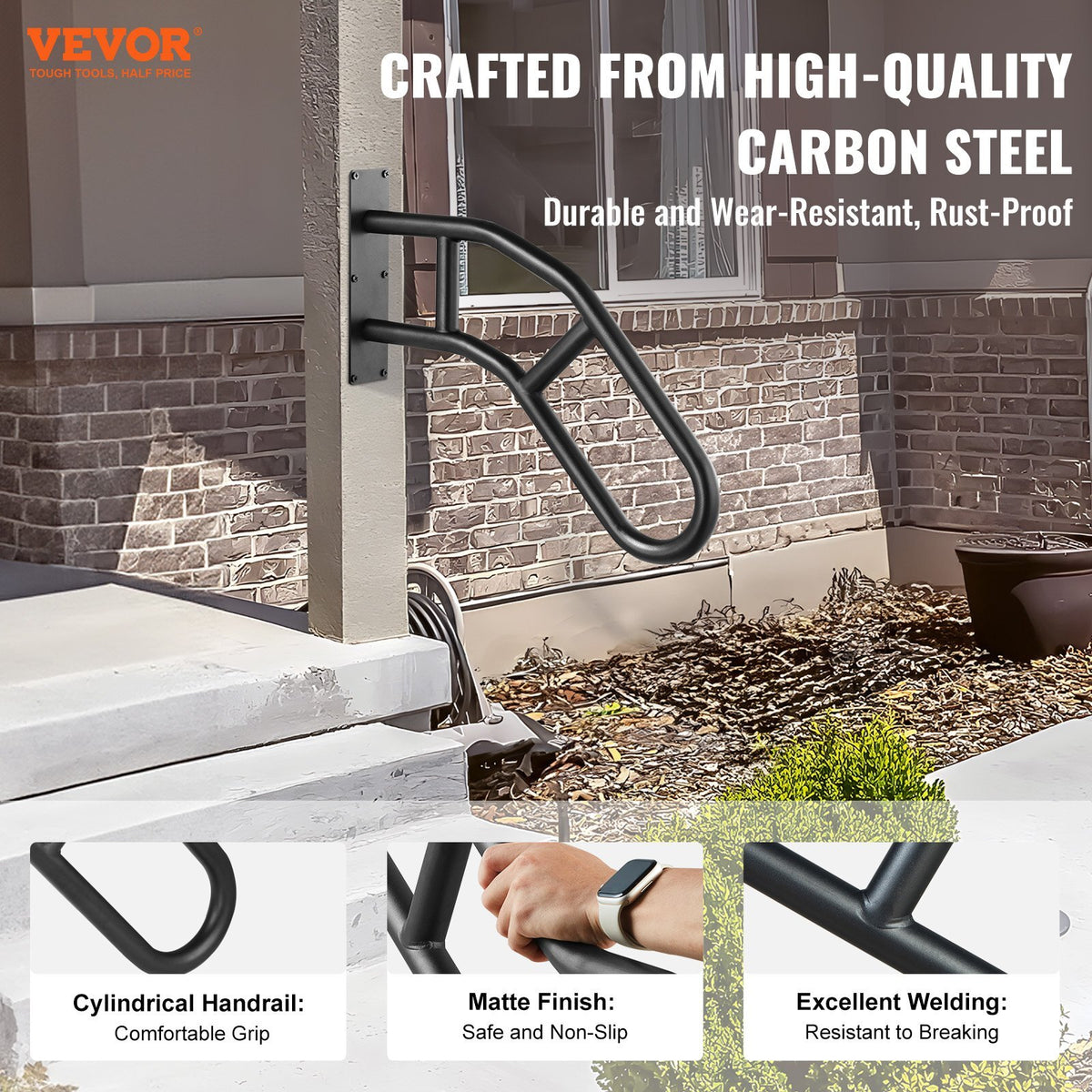 Handrails for Outdoor Steps, 32" Length Wall Mount Safety Railings for 1-3 Steps, U-Shaped Handrail with Matte Black Finished, Stair Handrails for Kids, Elderly, Pregnant Women, Disabled