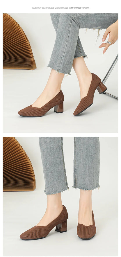 Women's High Heels Comfortable Square Knitted Breathable Comfortable Shoes 2025 Autumn New Edition (5cm High)