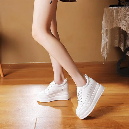 New Women Vulcanized Genuine Leather Shoes 9CM Platform Wedge High Heels White Black Shoes Lace Up Increased Sports Casual Shoes