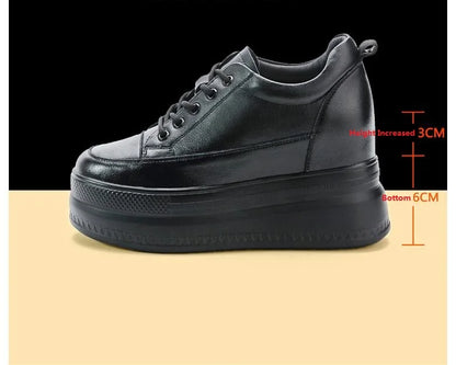 New Women Vulcanized Genuine Leather Shoes 9CM Platform Wedge High Heels White Black Shoes Lace Up Increased Sports Casual Shoes