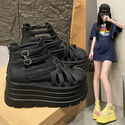 8CM Designers Women Summer Leather Sandals Open Toe Platform Wedge Sneakers New Women Casual Shoes Beach Sandálias Das Mulheres