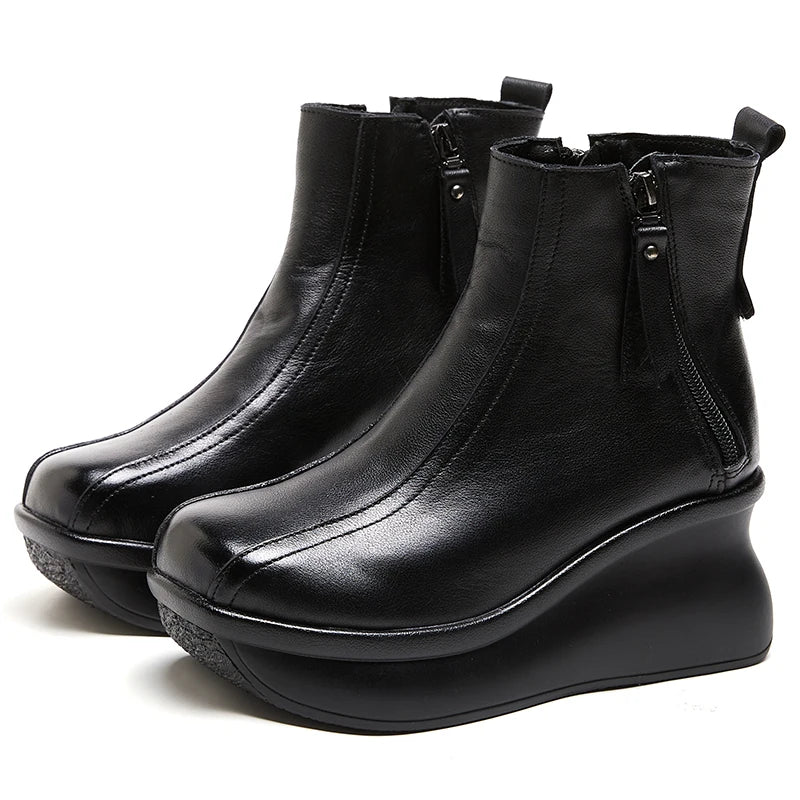 GKTINOO Genuine Leather Women Boots Retro Shoes 2025 New Autumn Winter Round Toe Double Zipper Handmade Concise Platform Boots
