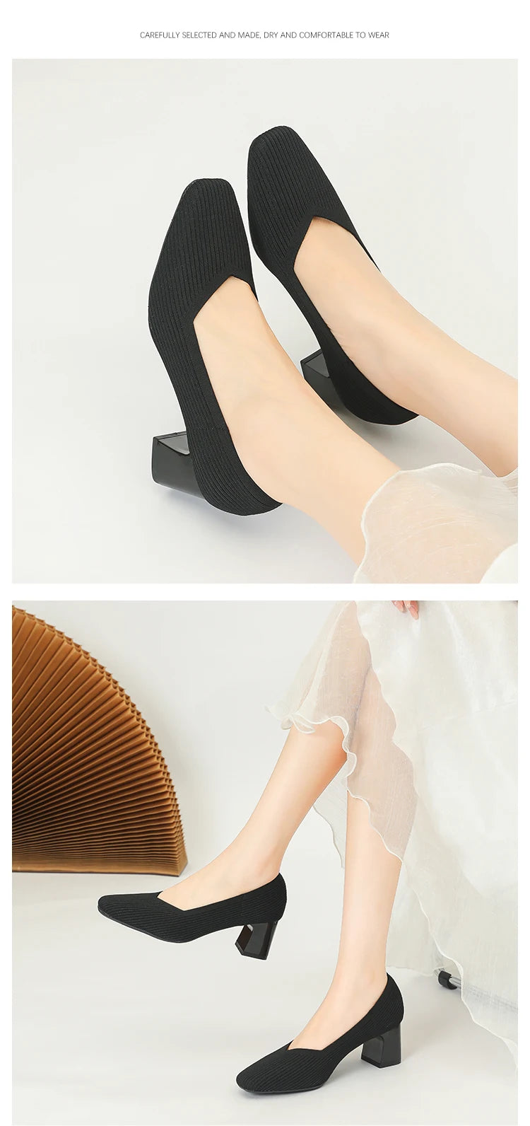 Women's High Heels Comfortable Square Knitted Breathable Comfortable Shoes 2025 Autumn New Edition (5cm High)