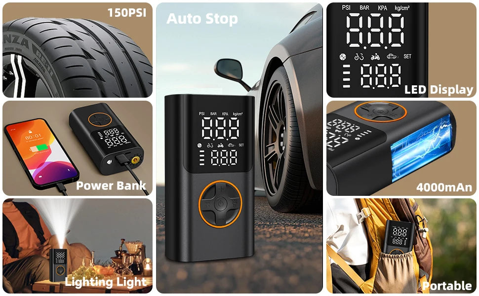 Portable Air Pump Set with Power Bank, 150PSI Tire Inflator Kit for Car SUV Motorcycle Bike, LED Light & Storage Bag for Camping