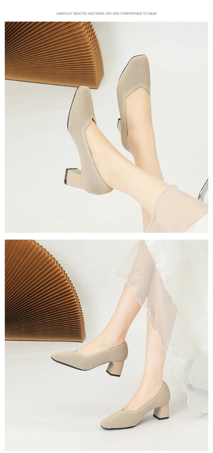 Women's High Heels Comfortable Square Knitted Breathable Comfortable Shoes 2025 Autumn New Edition (5cm High)