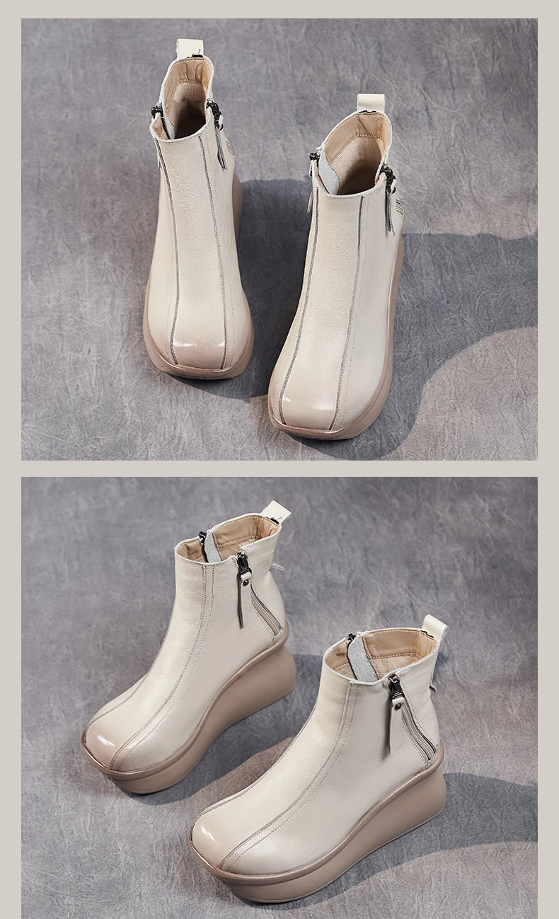 GKTINOO Genuine Leather Women Boots Retro Shoes 2025 New Autumn Winter Round Toe Double Zipper Handmade Concise Platform Boots