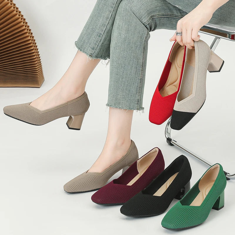 Women's High Heels Comfortable Square Knitted Breathable Comfortable Shoes 2025 Autumn New Edition (5cm High)