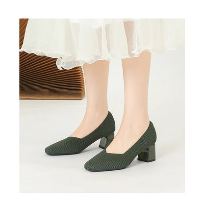 Women's High Heels Comfortable Square Knitted Breathable Comfortable Shoes 2025 Autumn New Edition (5cm High)