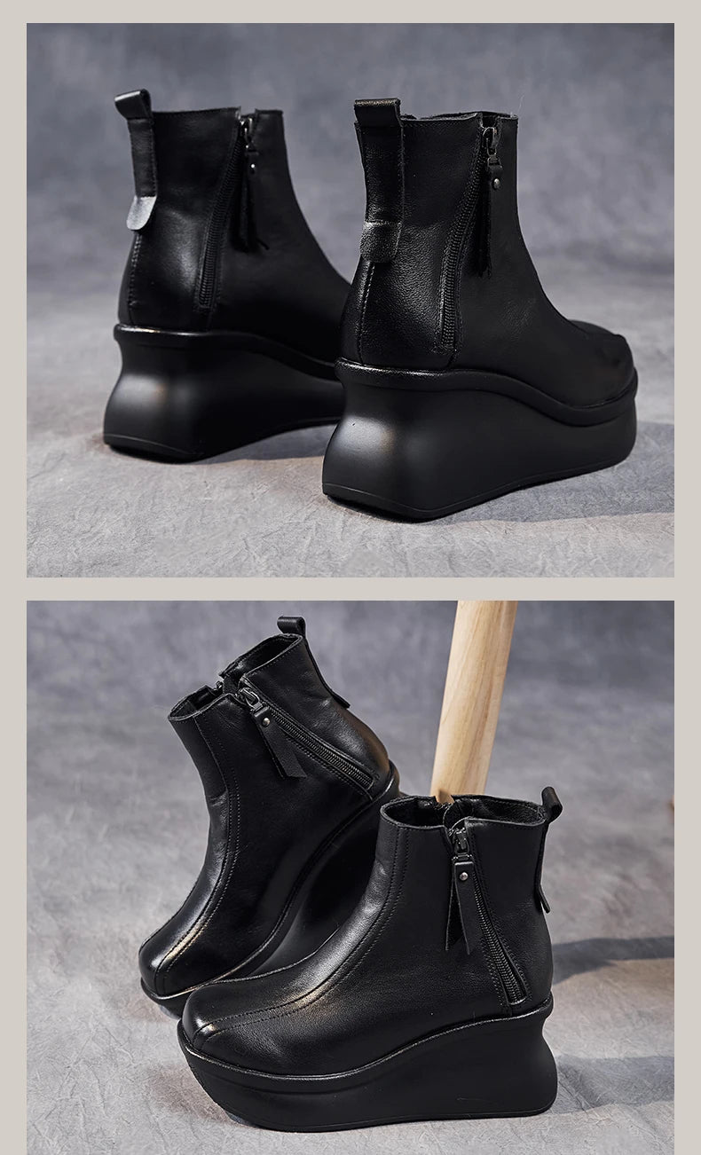 GKTINOO Genuine Leather Women Boots Retro Shoes 2025 New Autumn Winter Round Toe Double Zipper Handmade Concise Platform Boots