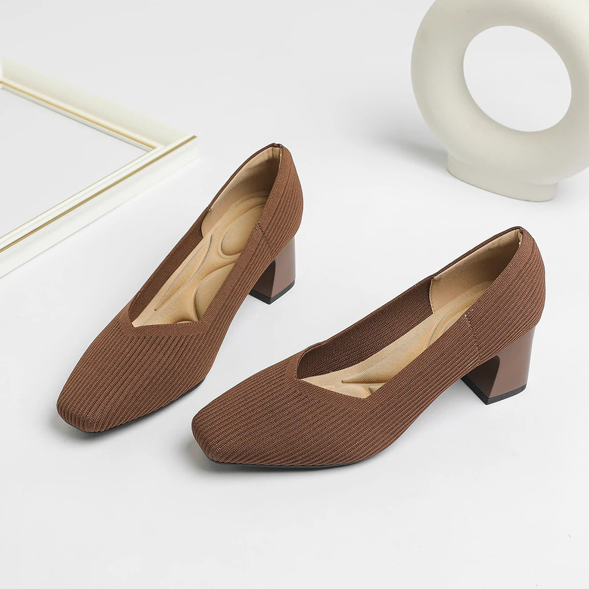 Women's High Heels Comfortable Square Knitted Breathable Comfortable Shoes 2025 Autumn New Edition (5cm High)