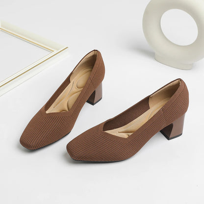Women's High Heels Comfortable Square Knitted Breathable Comfortable Shoes 2025 Autumn New Edition (5cm High)