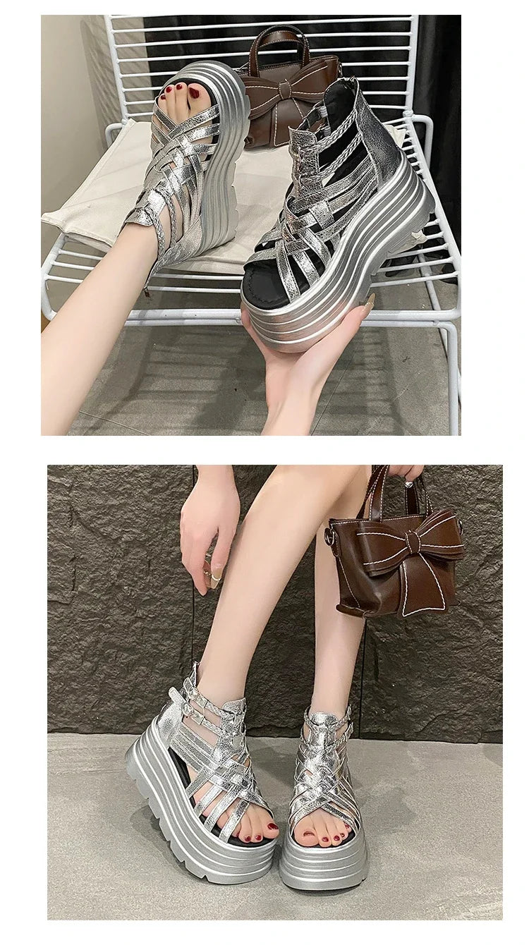 8CM Designers Women Summer Leather Sandals Open Toe Platform Wedge Sneakers New Women Casual Shoes Beach Sandálias Das Mulheres