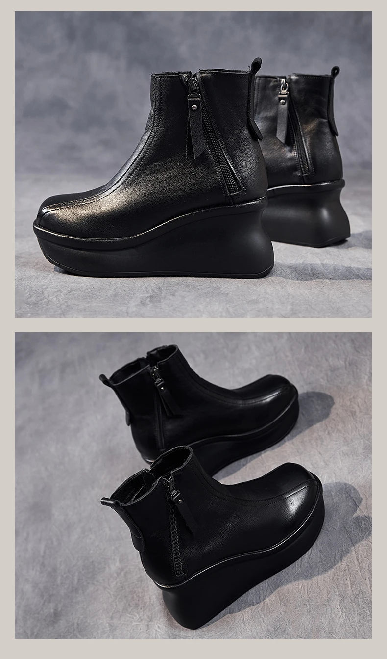 GKTINOO Genuine Leather Women Boots Retro Shoes 2025 New Autumn Winter Round Toe Double Zipper Handmade Concise Platform Boots