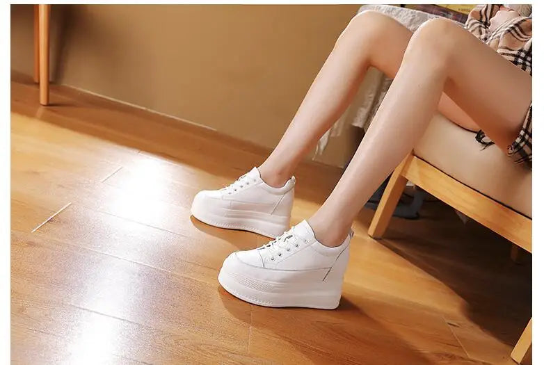 New Women Vulcanized Genuine Leather Shoes 9CM Platform Wedge High Heels White Black Shoes Lace Up Increased Sports Casual Shoes