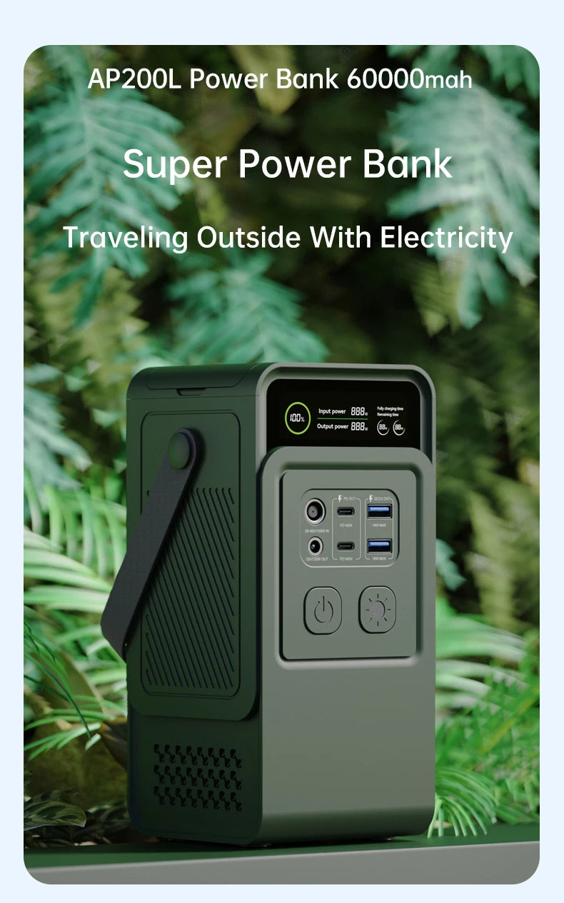 Ctolity AP200L 200W Power Bank 192Wh Lifepo4 Battery 60000mAh Solar Generator for Camping Portable Power Station LED Light