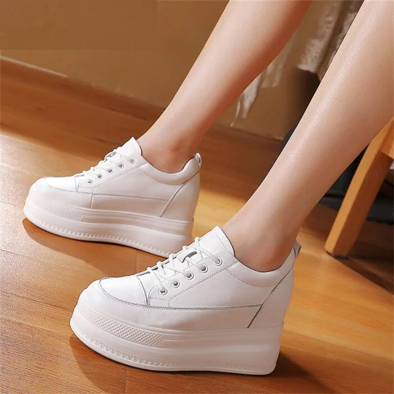 New Women Vulcanized Genuine Leather Shoes 9CM Platform Wedge High Heels White Black Shoes Lace Up Increased Sports Casual Shoes