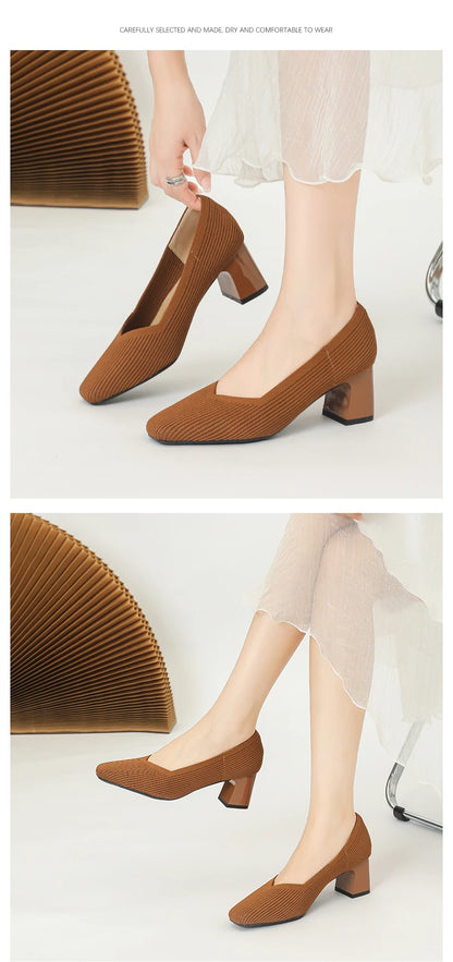 Women's High Heels Comfortable Square Knitted Breathable Comfortable Shoes 2025 Autumn New Edition (5cm High)