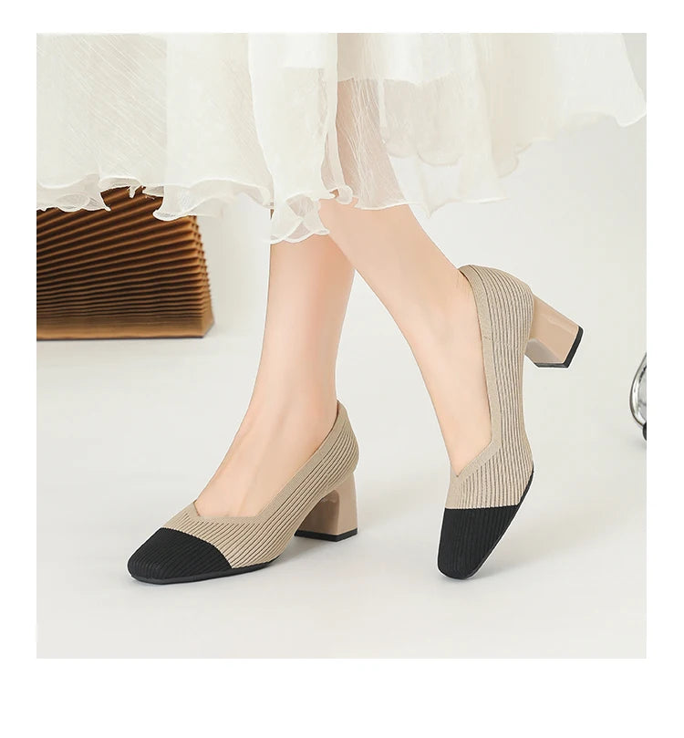 Women's High Heels Comfortable Square Knitted Breathable Comfortable Shoes 2025 Autumn New Edition (5cm High)