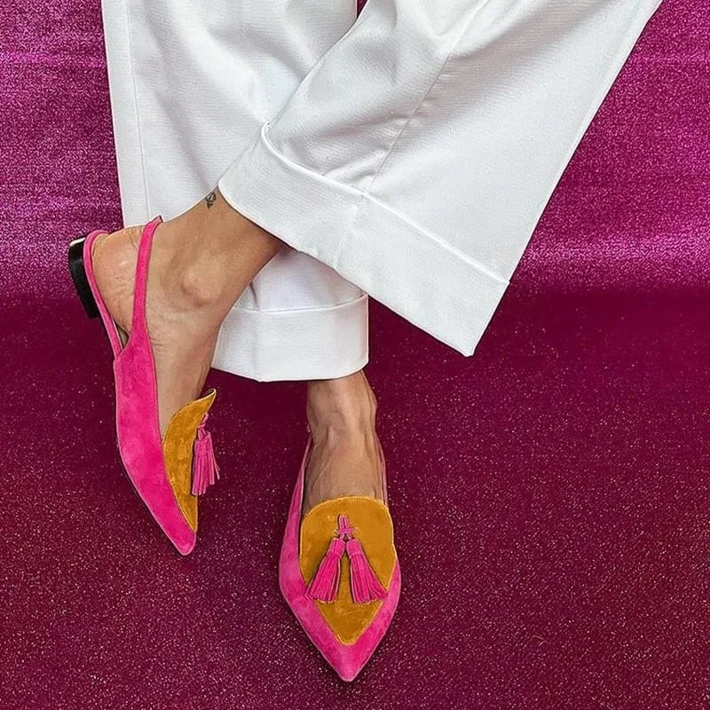 New Summer Color Block Women's Shoes 40-43 Large Pointed Tassel Low Heel Back Air Sandals High Heels Womens Shoes