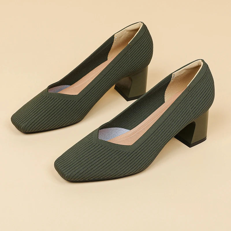 Women's High Heels Comfortable Square Knitted Breathable Comfortable Shoes 2025 Autumn New Edition (5cm High)