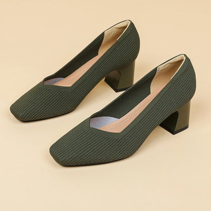 Women's High Heels Comfortable Square Knitted Breathable Comfortable Shoes 2025 Autumn New Edition (5cm High)