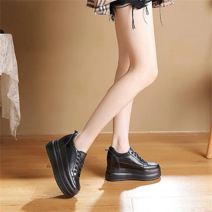 New Women Vulcanized Genuine Leather Shoes 9CM Platform Wedge High Heels White Black Shoes Lace Up Increased Sports Casual Shoes