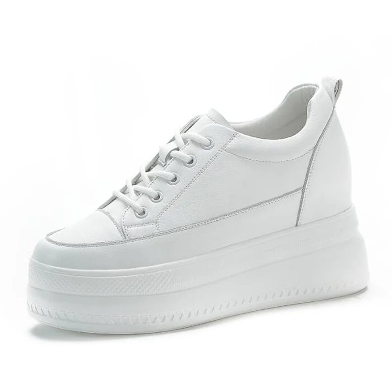 New Women Vulcanized Genuine Leather Shoes 9CM Platform Wedge High Heels White Black Shoes Lace Up Increased Sports Casual Shoes