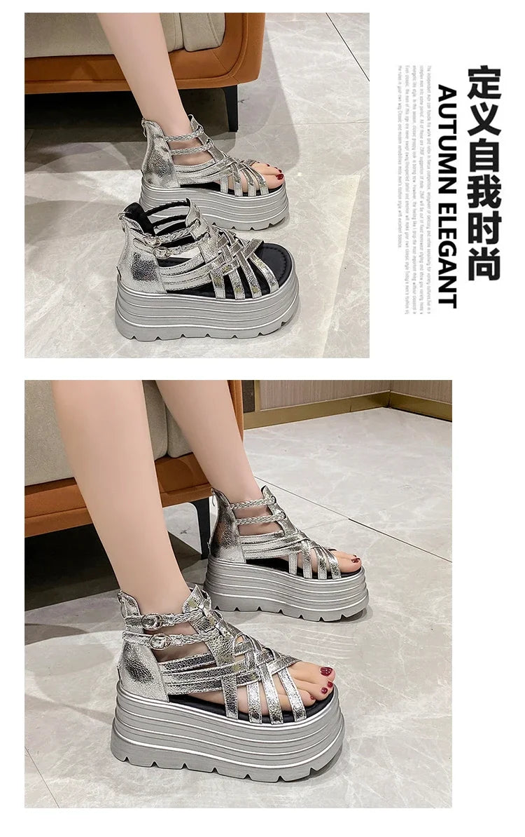 8CM Designers Women Summer Leather Sandals Open Toe Platform Wedge Sneakers New Women Casual Shoes Beach Sandálias Das Mulheres
