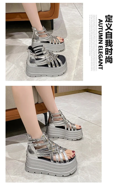 8CM Designers Women Summer Leather Sandals Open Toe Platform Wedge Sneakers New Women Casual Shoes Beach Sandálias Das Mulheres