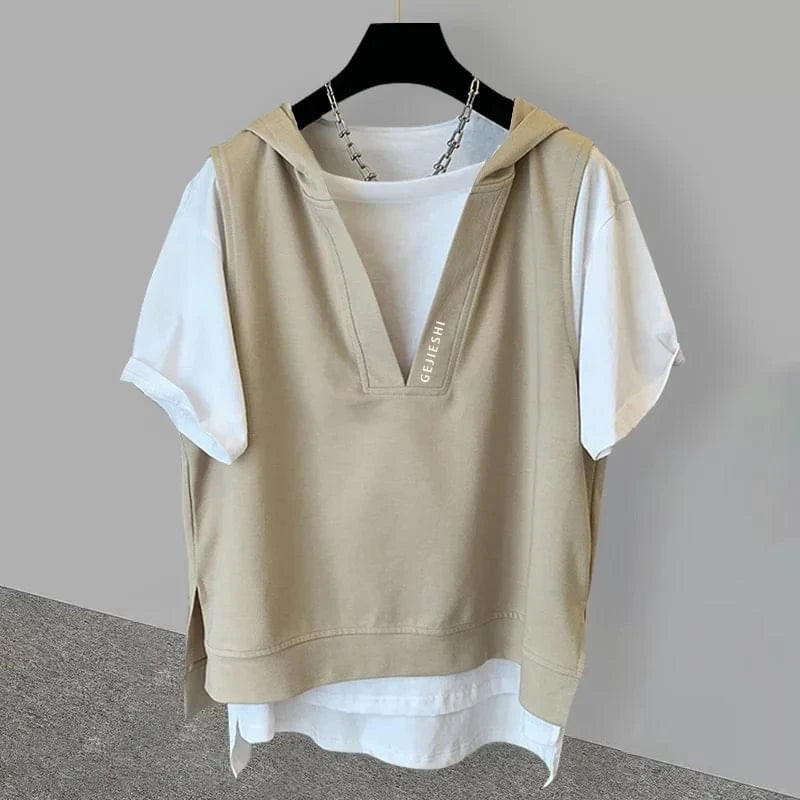 2025 New Men's Fake Two-piece Hooded T-shirts Letter Embroidered Short Sleeve Tee Shirts Korean Fashion V-Neck Y2K Tshirt