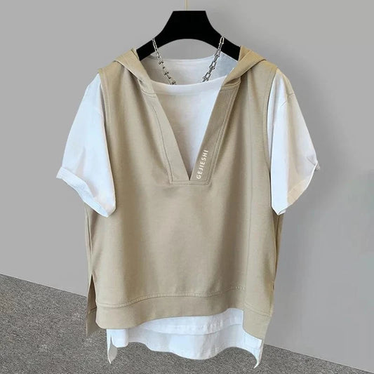 2025 New Men's Fake Two-piece Hooded T-shirts Letter Embroidered Short Sleeve Tee Shirts Korean Fashion V-Neck Y2K Tshirt