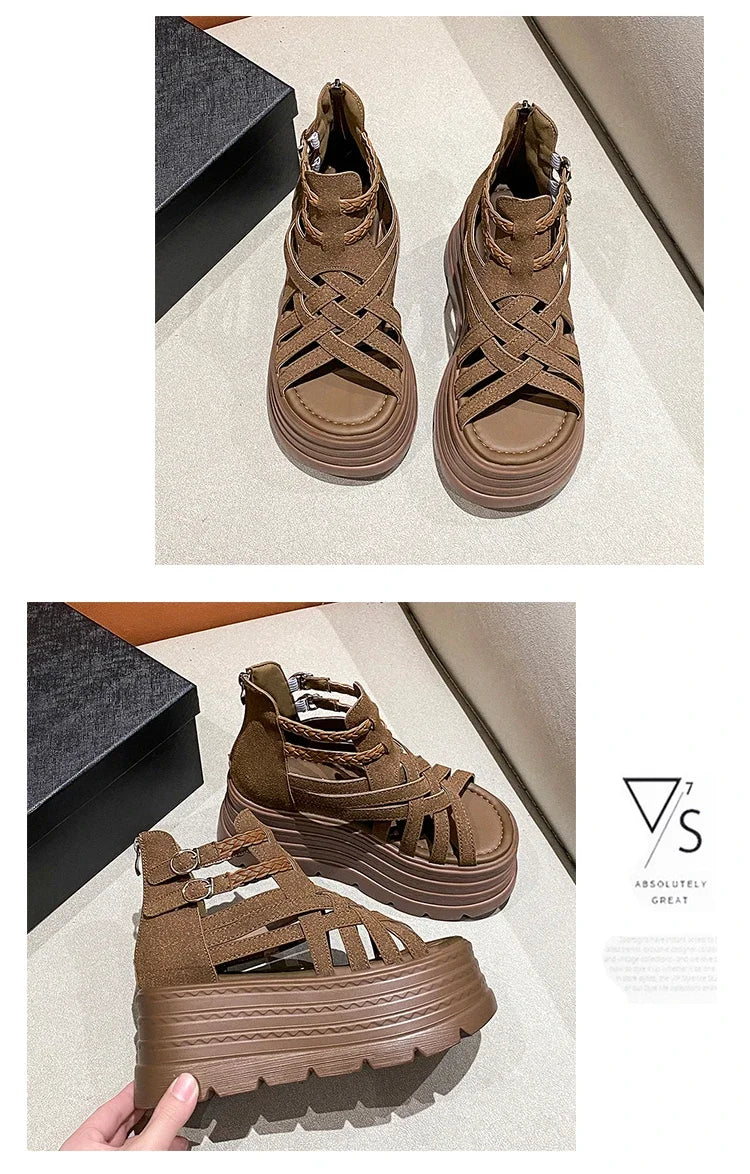 8CM Designers Women Summer Leather Sandals Open Toe Platform Wedge Sneakers New Women Casual Shoes Beach Sandálias Das Mulheres