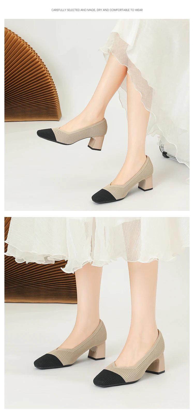 Women's High Heels Comfortable Square Knitted Breathable Comfortable Shoes 2025 Autumn New Edition (5cm High)