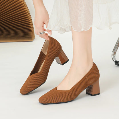 Women's High Heels Comfortable Square Knitted Breathable Comfortable Shoes 2025 Autumn New Edition (5cm High)