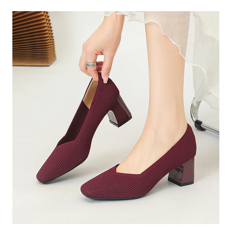Women's High Heels Comfortable Square Knitted Breathable Comfortable Shoes 2025 Autumn New Edition (5cm High)
