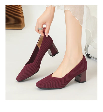 Women's High Heels Comfortable Square Knitted Breathable Comfortable Shoes 2025 Autumn New Edition (5cm High)