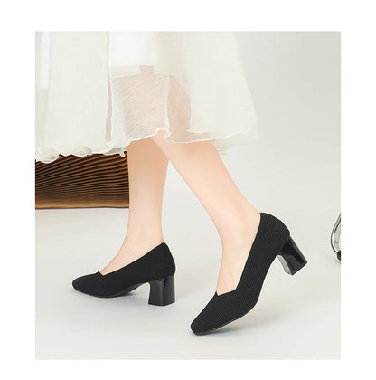 Women's High Heels Comfortable Square Knitted Breathable Comfortable Shoes 2025 Autumn New Edition (5cm High)