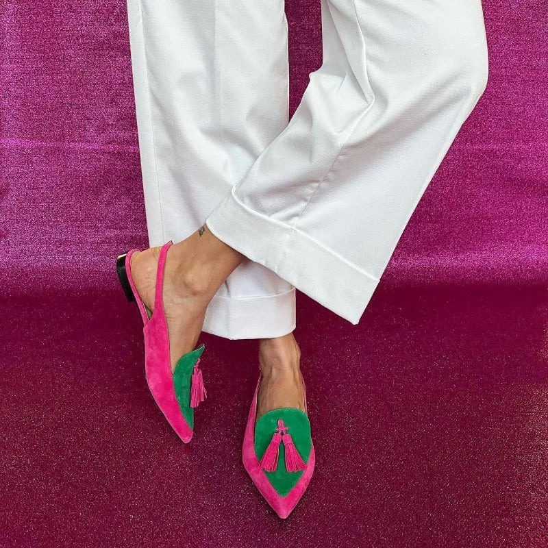 New Summer Color Block Women's Shoes 40-43 Large Pointed Tassel Low Heel Back Air Sandals High Heels Womens Shoes