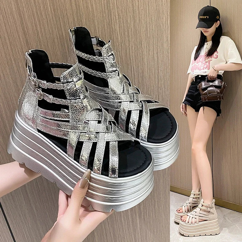 8CM Designers Women Summer Leather Sandals Open Toe Platform Wedge Sneakers New Women Casual Shoes Beach Sandálias Das Mulheres