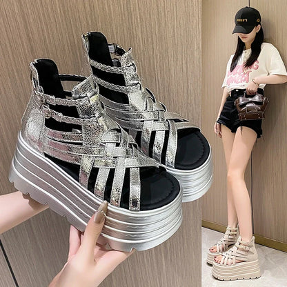 8CM Designers Women Summer Leather Sandals Open Toe Platform Wedge Sneakers New Women Casual Shoes Beach Sandálias Das Mulheres