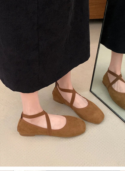 2024 New Spring Summer Flat Ballet Shoes Women's Shoes Retro Mary Jane Shoes Square Toe Shallow Mouth New Cross Women Loafers