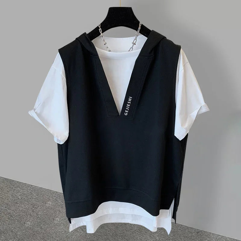 2025 New Men's Fake Two-piece Hooded T-shirts Letter Embroidered Short Sleeve Tee Shirts Korean Fashion V-Neck Y2K Tshirt