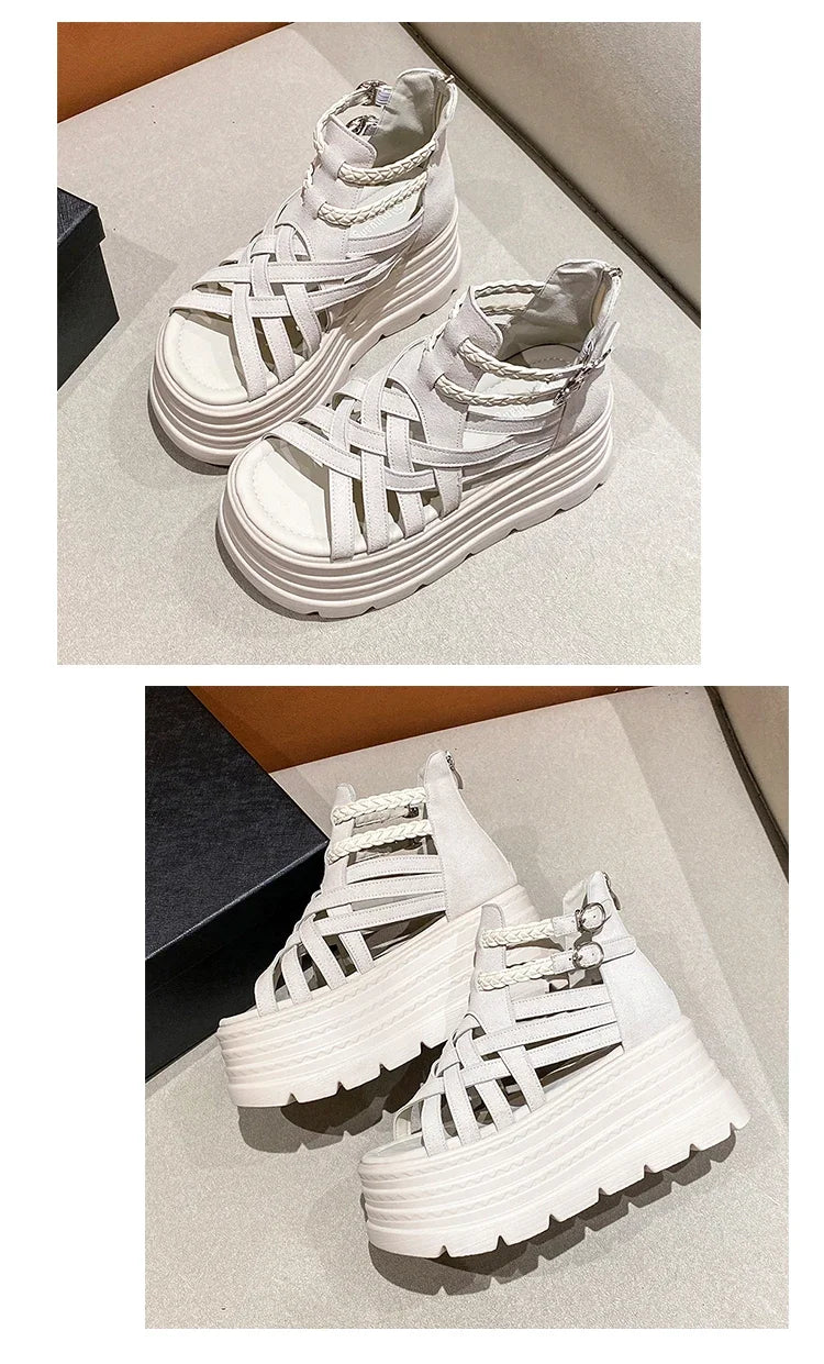 8CM Designers Women Summer Leather Sandals Open Toe Platform Wedge Sneakers New Women Casual Shoes Beach Sandálias Das Mulheres