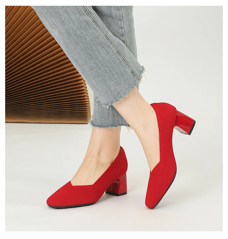 Women's High Heels Comfortable Square Knitted Breathable Comfortable Shoes 2025 Autumn New Edition (5cm High)