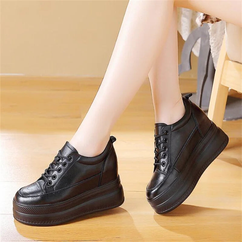 New Women Vulcanized Genuine Leather Shoes 9CM Platform Wedge High Heels White Black Shoes Lace Up Increased Sports Casual Shoes