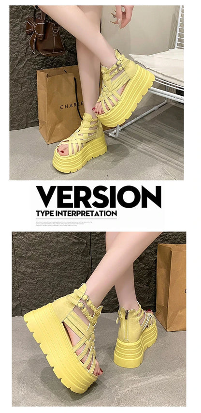 8CM Designers Women Summer Leather Sandals Open Toe Platform Wedge Sneakers New Women Casual Shoes Beach Sandálias Das Mulheres